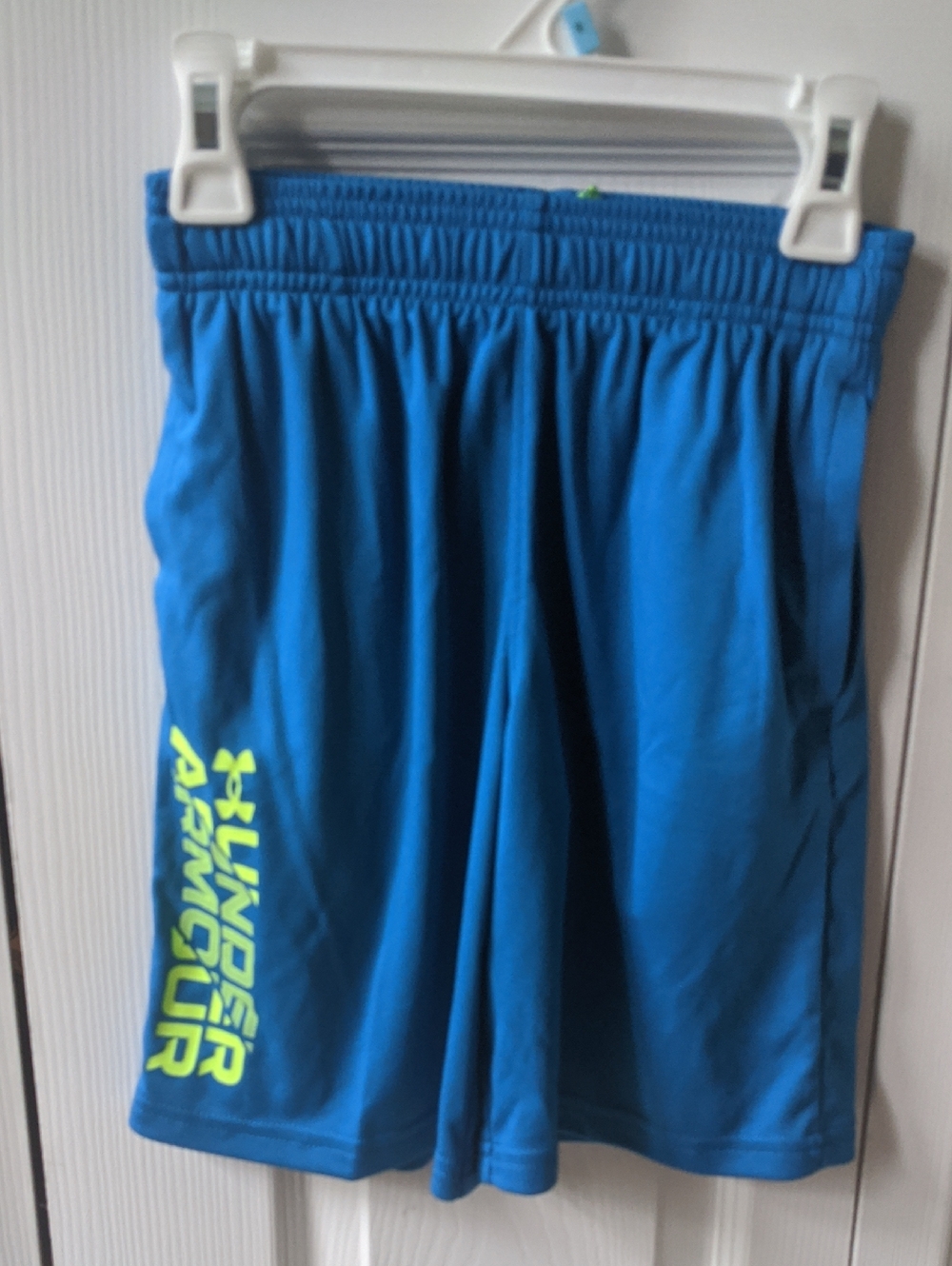 NWT Under Armour Boys Size Small Shorts- Blue Athletic Shorts with Neon Logo